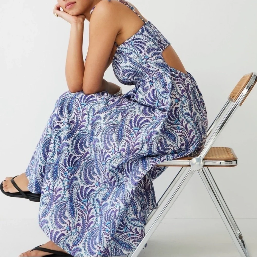 NWT J. Crew Smocked Linen Blend Bandeau Beach Maxi Dress in Purple Paisley Sz XL